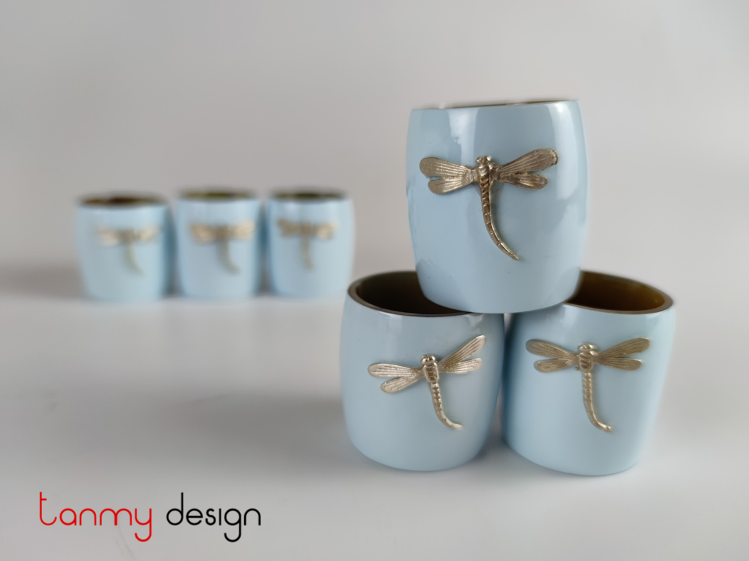 Set of 6 blue napkin rings attached with dragonfly